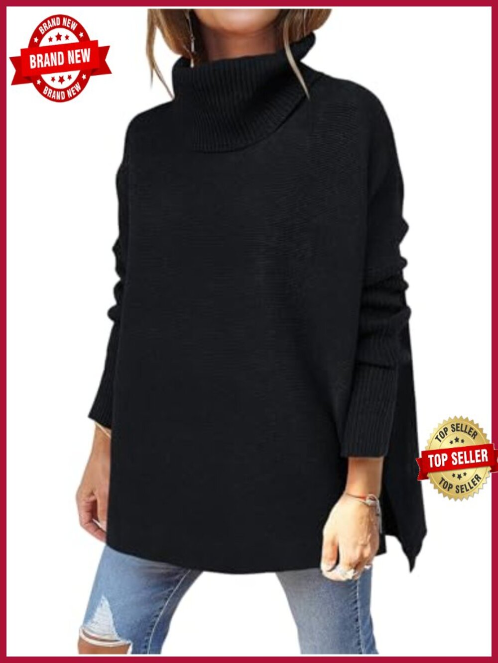Oversized Turtleneck Sweater Batwing Sleeve High Low Hem Pullover Fall Winter